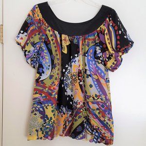 Colorful Bright Print Silk Blouse